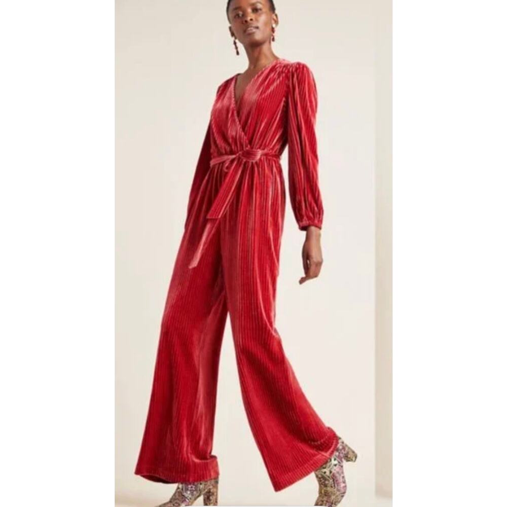Anthropologie Ali & Jay Jumpsuit Womens M Ruby Red Velvet Pleated Wrap‎ V-Neck